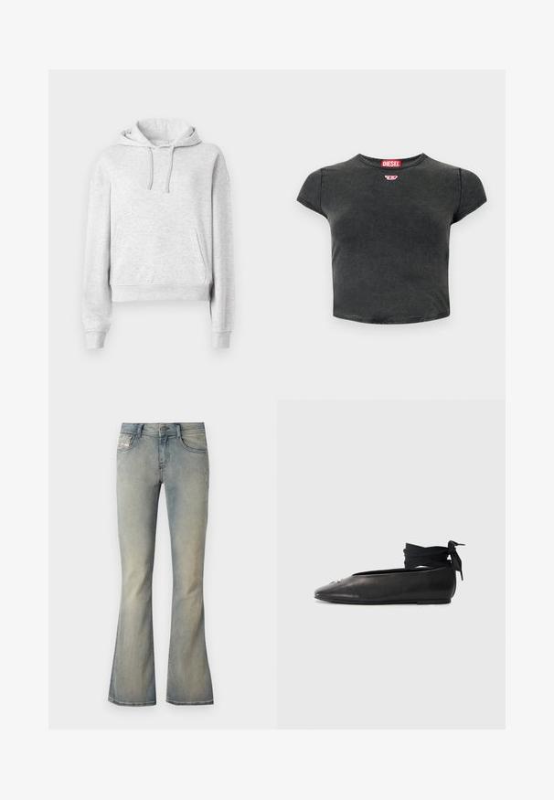 Lysegrå langærmet hættetrøje med forlommer, snørre i hætten, ribkanter ved ærmer og kant, vist på en ensfarvet hvid baggrund.; Sort, cropped t-shirt lavet af bomuld med rund halsudskæring og korte ærmer. Har et lille rødt logo og en falmet struktur.; Lys blå denim flared jeans med en mid-rise talje, subtilt slid og standard fem-lomme design. Har en front knaplukning.; Sort læderballethætte med spidse tæer, forsynet med et vævet stof ankelbånd og en lille dekorativ detalje på tæerne.