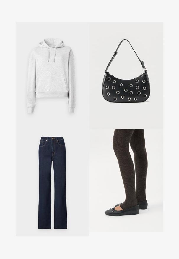 Lysegrå langærmet hættetrøje med forlommer, snørre i hætten, ribkanter ved ærmer og kant, vist på en ensfarvet hvid baggrund.; Mørkeblå denim jeans med lige ben, featuring en frontlukning med knap, fem lommer og kontrasterende syninger.; Ben iført mørke ribbede leggings kombineret med sorte balletsko med små sløjfedetaljer på hvid baggrund.; Sort læder skuldertaske med justerbar rem, dekoreret med sølvfarvede metalnitter og lukning med øverste lynlås.