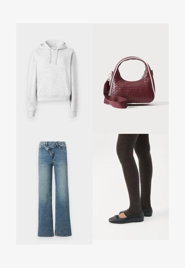 Lysegrå langærmet hættetrøje med forlommer, snørre i hætten, ribkanter ved ærmer og kant, vist på en ensfarvet hvid baggrund.; Lyseblå denim jeans med vide ben og høj talje, let falmet effekt og knaplukning foran. Har fem lommer og minimal syning.; Ben iført mørke ribbede leggings kombineret med sorte balletsko med små sløjfedetaljer på hvid baggrund.; Mørkerød vævet lædertaske med buet hank, hvid kant, sølv lynlås og aftagelig bred stofskulderrem mod en ensfarvet baggrund.
