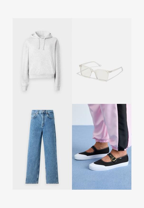 Lysegrå langærmet hættetrøje med forlommer, snørre i hætten, ribkanter ved ærmer og kant, vist på en ensfarvet hvid baggrund.; Lysblå lige ben jeans lavet af denim, med høj talje, frontknaplukning og fem-lomme design med synlige sømme.; Sorte lærredssko med en hvid sål, der har et udskæringsdesign og et guldspænde. Bæret med lyserøde træningsbukser.; Klare plastiske briller med firkantet ramme og gennemsigtige linser, der har guld accenter på tempelstængerne for ekstra detaljer.