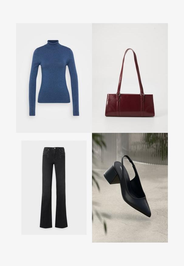 Pull en col roulé bleu fabriqué en maille douce. Design ajusté avec des manches longues et un col et un ourlet côtelés. Texture lisse.; Jean noir taille haute avec légère évasement, fermeture devant par bouton et zip, poches avant avec détails subtils de couture blanche.; Escarpin noir en cuir avec un bout pointu et un talon bloc. Texture lisse, design minimaliste et bride de cheville réglable.; Sac à main bordeaux en matériau brillant, de forme rectangulaire, avec deux anses et des accents légèrement courbés à l'avant.