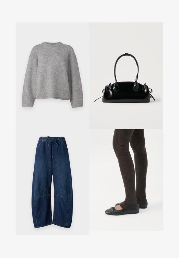 Gina Tricot CREW NECK - Pullover - mid grey; Pantalons en denim à jambes larges de couleur bleu foncé. Dotés d'une taille élastique avec un cordon de serrage, de deux poches latérales et d'accents de couture contrastés.; Jambes portant des leggings côtelés foncés associés à des ballerines noires avec de petits détails en nœud sur fond blanc.; Petit sac à main noir brillant avec deux longues anses et des détails à cordon sur les côtés sur un fond clair uni.