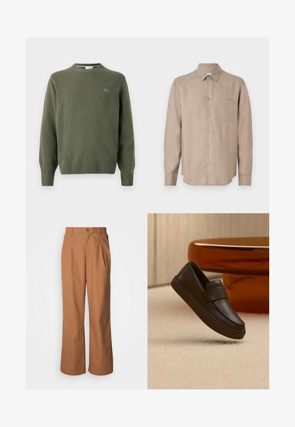 Pull en tricot vert olive avec un col rond, des poignets et un ourlet côtelés, et un petit logo brodé sur la poitrine gauche.; Chemise en lin marron à manches longues avec col pointu, fermeture à boutons, poche poitrine unique et coupe décontractée. Texture douce et design léger.; Pantalon à jambes larges en tissu marron chaud, avec fermeture à boutons sur le devant, plis subtils et coupe droite pour une tenue décontractée.; Une chaussure mocassin en cuir marron foncé flottant au-dessus d'un tapis crème avec une table ronde orange en arrière-plan.
