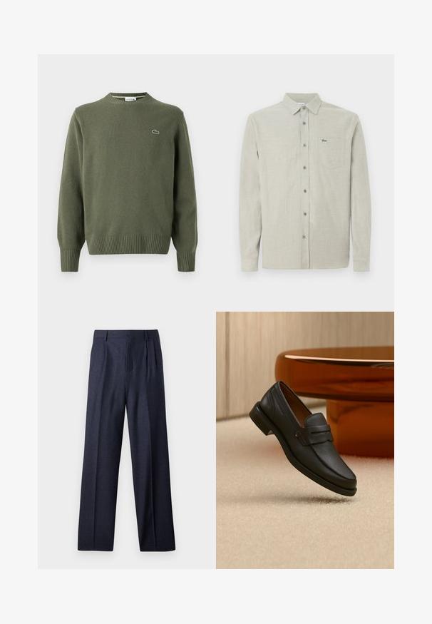 Pull en tricot vert olive avec un col rond, des poignets et un ourlet côtelés, et un petit logo brodé sur la poitrine gauche.; Chemise boutonnée à manches longues de couleur beige clair avec col, poche poitrine et un petit logo de crocodile vert.; Pantalons en laine bleu marine avec une coupe ajustée, présentant un devant plissé et des jambes larges. Texture lisse et lignes épurées, adaptés aux occasions formelles.; Mocassin homme en cuir noir avec une bande sur le dessus, présenté sur un tapis beige près d'une table ronde moderne marron.