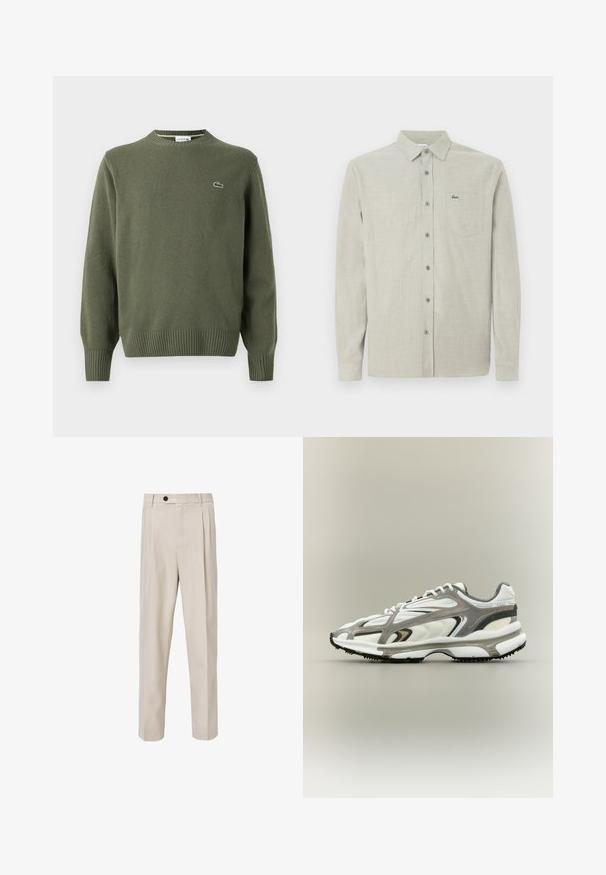 Olijfgroene gebreide trui met een ronde hals, geribde manchetten en zoom, met een klein geborduurd logo op de linkerborst.; Lichtbeige lange mouw knopshirt met kraag, borstzak met een klein groen krokodillenlogo.; Beige op maat gemaakte broek met een recht model, voorzien van voorplooien, een knoopsluiting en een gladde stofstructuur.; Sportschoen met een witte mesh bovenkant, grijze accenten, zwarte rubberen zool en een gestroomlijnd ontwerp. Bevat veters en textuurdetails.