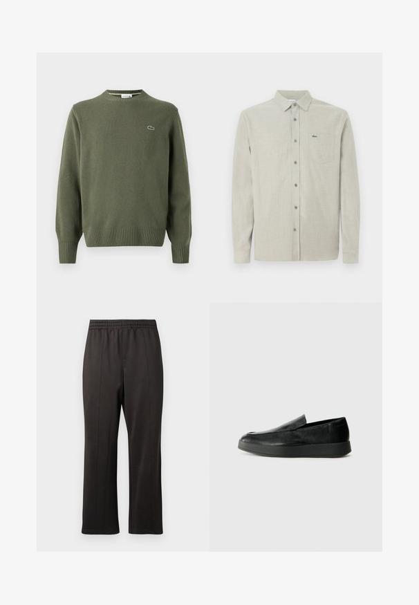 Oliven grøn strikket sweater med rund halsudskæring, ribbede manchetter og kant, samt et lille broderet logo på venstre bryst.; Lys beige langærmet skjorte med knapper og krave, brystlomme med et lille grønt krokodillelogo.; Sorte, elastiske bukser med lige ben-design. Lavet af glat stof med diskrete sømdetaljer langs forsiden.; Calvin Klein HYBRID CUP - Loafers - triple black