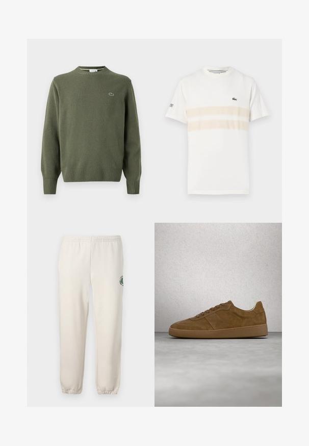 Suéter de punto verde oliva con cuello redondo, puños y dobladillo acanalados, y un pequeño logo bordado en el lado izquierdo del pecho.; Camiseta de algodón blanca con dos franjas horizontales beige, pequeño logo bordado en el pecho y cuello redondo. Mangas cortas.; Pantalones de chándal de color beige claro, hechos de algodón, con una cinturilla elástica, puños acanalados y un logo verde con diseño de hoja en la pierna izquierda.; Zapatilla deportiva de ante marrón con cordones color beige y suela de goma. Presenta una puntera redondeada y detalles cosidos en la parte superior. Diseño ligero.