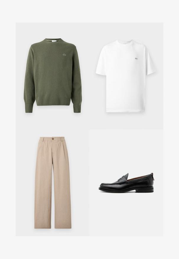 Oliven grøn strikket sweater med rund halsudskæring, ribbede manchetter og kant, samt et lille broderet logo på venstre bryst.; Hvid bomulds t-shirt med rund hals og korte ærmer. Har et lille sort Lacoste-logo på venstre side af brystet.; Beige vide bukser med struktureret finish, der har folder og en elastisk talje, fastgjort med en bronze knap foran.; Sort læder herre loafer med moc-tå syning, penny strop, struktureret krave og lav stablet hæl på hvid baggrund.