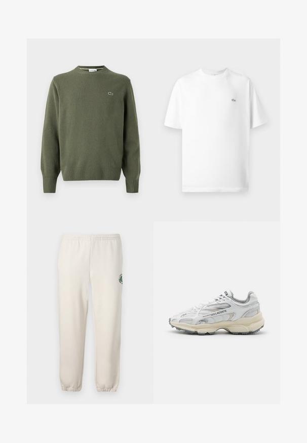 Oliven grøn strikket sweater med rund halsudskæring, ribbede manchetter og kant, samt et lille broderet logo på venstre bryst.; Hvid bomulds t-shirt med rund hals og korte ærmer. Har et lille sort Lacoste-logo på venstre side af brystet.; Lys beige sweatpants lavet af bomuld, med elastisk talje, ribbede mansjetter og et grønt logo med bladdesign på venstre ben.; Hvide sportssko med grå detaljer, overdel i mesh og syntetiske materialer, snørebåndsdesign og tekstureret gummisål med grebemønstre.