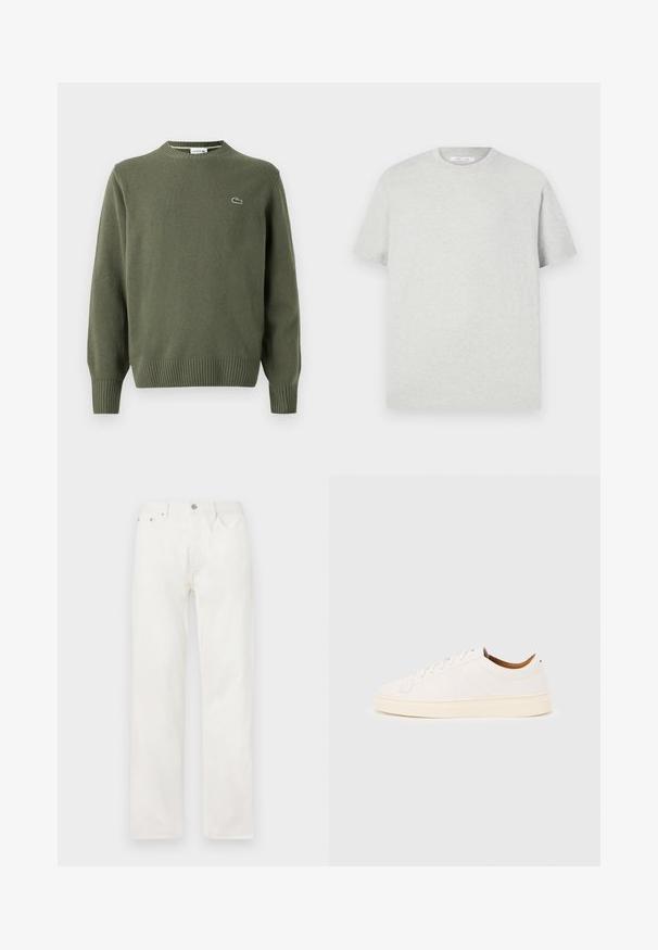 Suéter de punto verde oliva con cuello redondo, puños y dobladillo acanalados, y un pequeño logo bordado en el lado izquierdo del pecho.; Camiseta de manga corta gris claro hecha de material suave, con cuello redondo y un corte relajado, sin patrones ni acentos visibles.; Vaqueros vaqueros blancos de corte recto con bolsillos delanteros, trabillas para el cinturón y cierre con botón en la cintura, mostrados sobre un fondo liso.; Zapatilla blanca de corte bajo con diseño de cordones, detalles mínimos de costuras y suela color crema sobre un fondo gris claro.