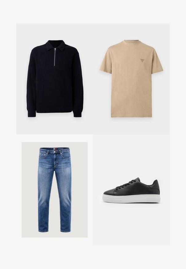 Marineblå ribbet striktrøje med lynlås foran, klassisk krave og lange ærmer. Blød tekstur med en afslappet pasform.; Beige kortærmet T-shirt med rund halsudskæring og en lille trekantet logo på venstre bryst, ensfarvet design, standard pasform.; Herre slim straight blå denim jeans med falmede detaljer, forlommer, knaplukning og lille logo på højre lomme.; Sorte lædersneakers med rund tå, hvid gummisål og sorte snørebånd. Har en glat overflade og minimalistisk design.