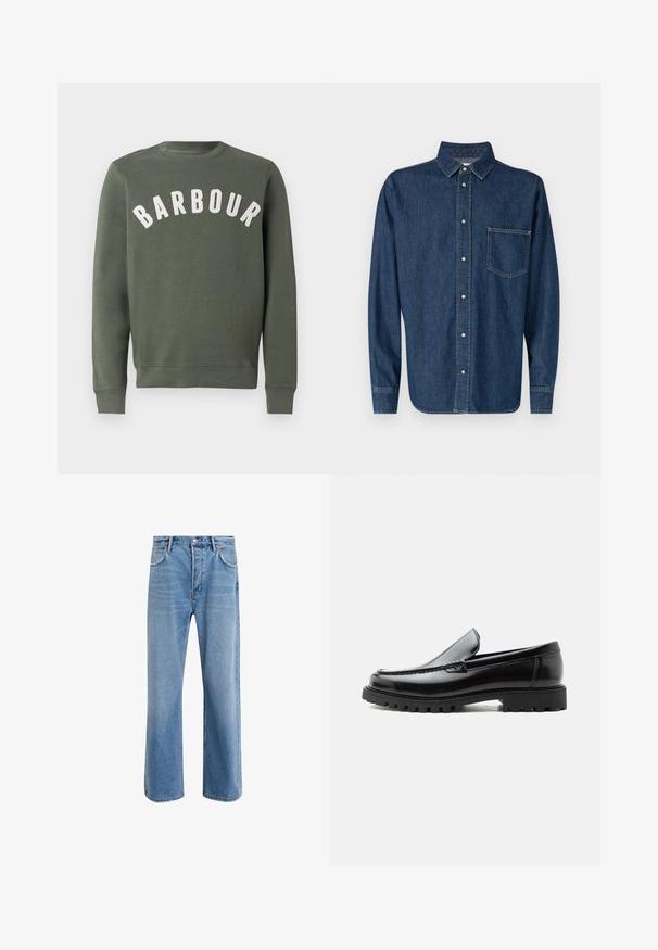 Barbour PREP LOGO CREW NECK - Sweatshirt - thyme; Chemise en denim bleu foncé avec des manches longues, devant à boutons et une poche poitrine unique. Présente un col classique et un ourlet droit.; Jeans en denim bleu clair avec une coupe droite, cinq poches, fermeture à bouton, peu d'usure et des détails de couture contrastés.; Mocassin en cuir noir avec semelle en caoutchouc épaisse, dessus cousu et nom de marque embossé sur le talon, présenté de profil sur fond blanc.