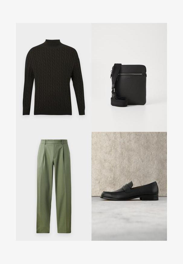 Pull en tricot noir avec un col roulé haut, un motif en câble texturé, des manches longues et des bords côtelés. ; Pantalons sur mesure en tissu vert olive avec une texture lisse, présentant deux plis avant, des passants de ceinture et une coupe droite.; Mocassin en cuir noir flottant au-dessus d'un tapis beige avec une table ronde brune brillante en arrière-plan.; Sac à bandoulière en cuir noir avec une surface texturée, poche avant zippée et une sangle en tissu réglable. Design simple et carré.