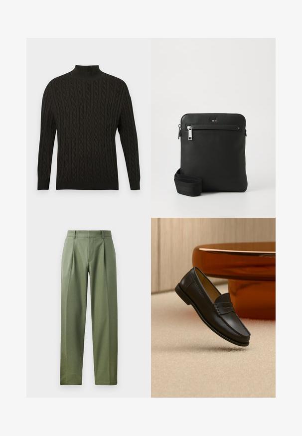 Pull en tricot noir avec un col roulé haut, un motif en câble texturé, des manches longues et des bords côtelés. ; Pantalons sur mesure en tissu vert olive avec une texture lisse, présentant deux plis avant, des passants de ceinture et une coupe droite.; Chaussure mocassin en cuir noir suspendue au-dessus d’un tapis beige avec du mobilier moderne couleur ambre en arrière-plan.; Sac bandoulière en cuir noir avec un design plat, surface texturée, fermeture éclair, poche avant et une sangle en tissu ajustable.