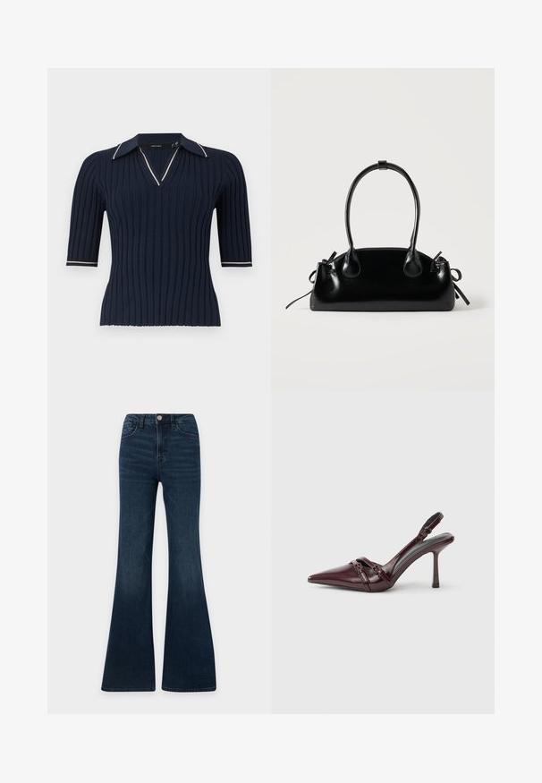 Haut à manches courtes en maille côtelée bleu marine avec un col en V et un col orné d’une bordure blanche sur les bords du col et des poignets.; Jean en denim bleu foncé taille haute avec coupe évasée, fermeture devant par bouton et zip, poches devant et derrière.; Escarpin slingback en cuir verni bordeaux avec bout pointu, fine bride à la cheville et petit détail décoratif de boucle. Texture lisse et talon haut.; Petit sac à main noir brillant avec deux longues anses et des détails à cordon sur les côtés sur un fond clair uni.
