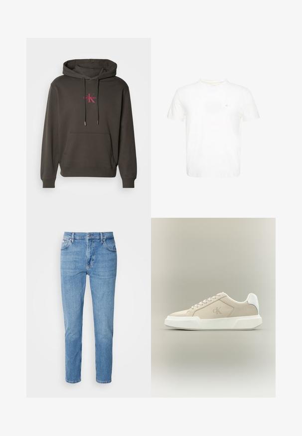 Sudadera con capucha de color gris oscuro, con un bolsillo frontal, capucha con cordón y logo de Calvin Klein en color rosa en el pecho. Material de algodón suave.; Camiseta blanca de manga corta con cuello redondo y pequeño logo "ck" bordado en el pecho izquierdo.; Vaqueros de mezclilla azul claro con corte recto, diseño de cinco bolsillos y un sutil desgastado. Presentan un cierre de botón y pasadores para cinturón.; Zapatilla beige de corte bajo con suela blanca gruesa, cordones, lengüeta blanca en el talón y logo sutil de CK en el panel lateral.