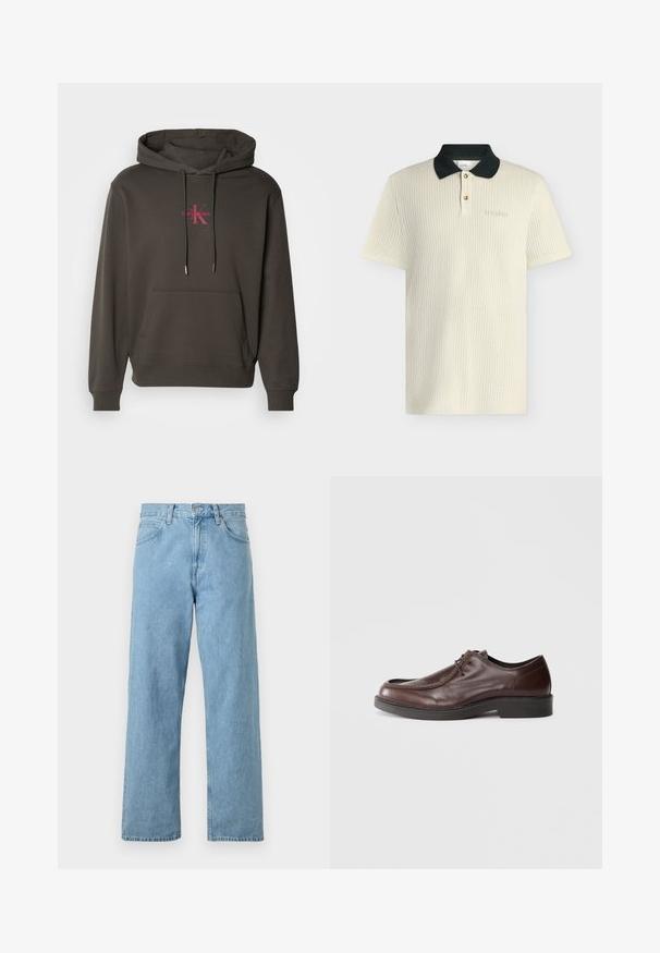 Donkergrijze hoodie met een voorzak, een trekkoordcapuchon en het Calvin Klein-logo in het roze op de borst. Zacht katoenen materiaal.; Kortemouwen crèmekleurige gebreide poloshirt met zwarte kraag, twee knopen en subtiele "Les Deux" borduring op de borst.; Lichtblauwe denim jeans met een rechte pasvorm, vijf zakken, knoop- en ritssluiting, en een iets vervaagde afwerking.; Bruine leren nette schoen met een ronde neus, minimale stiksels en een stevige zwarte zool. Voorzien van vetersluiting en een gladde textuur.