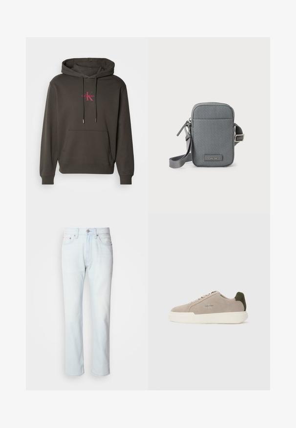 Donkergrijze hoodie met een voorzak, een trekkoordcapuchon en het Calvin Klein-logo in het roze op de borst. Zacht katoenen materiaal.; Lichtblauwe denim jeans met een rechte pijp. Voorzien van een knoopsluiting en riemlussen, met een vervaagde textuur en minimale stiksels.; Beige suède sneakers met een witte rubberen zool, voorzien van een donkergroene hielaccent en subtiele branding aan de zijkant.; Kleine grijze schoudertas met gevlochten textuur, ritssluiting, verstelbare schouderband en het "Calvin Klein" logo op het voorvak.