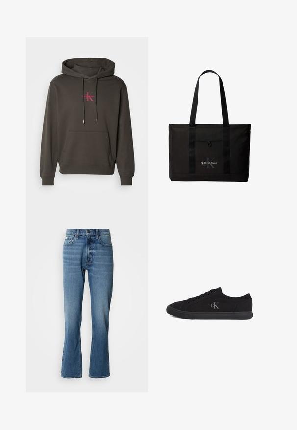 Donkergrijze hoodie met een voorzak, een trekkoordcapuchon en het Calvin Klein-logo in het roze op de borst. Zacht katoenen materiaal.; Lichtblauwe denim jeans met een rechte snit en een lichte flare. Beschikt over vijf zakken, een knoopsluiting en subtiele wassingdetails.; Zwarte lage sneaker met vetersluiting aan de voorkant, rubberen zool en een grijs "cK"-logo aan de zijkant, gezien vanaf de buitenkant.; Zwarte Calvin Klein totebag met twee lange handvatten en een voorvak, met het logo van het merk in wit en grijs.