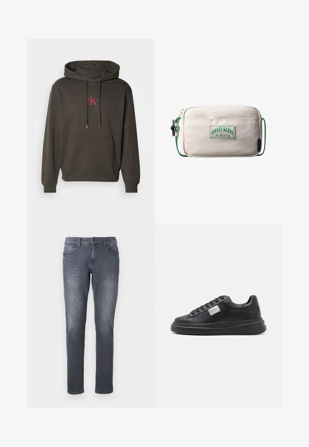 Donkergrijze hoodie met een voorzak, een trekkoordcapuchon en het Calvin Klein-logo in het roze op de borst. Zacht katoenen materiaal.; Grijze denim jeans met een slim fit, voorzien van een ritssluiting, riemlussen, voorzakken en een vervaagde wasafwerking. Standaard recht model.; Zwarte leren sneaker met een ronde neus, platte zool en vetersluiting. Beschikt over een metalen logo plaat aan de zijkant en een gladde textuur.; Beige rechthoekige crossbodytas met een groene band en een frontpatch waarop 'Calvin Klein New York City' staat in groene letters.