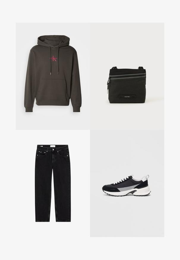 Sudadera con capucha de color gris oscuro, con un bolsillo frontal, capucha con cordón y logo de Calvin Klein en color rosa en el pecho. Material de algodón suave.; Vaqueros de mezclilla negra con un corte recto, textura ligeramente desgastada, cinco bolsillos y detalles en metal plateado. Etiqueta en la cintura.; Zapatilla atlética negra y gris con parte superior de materiales mixtos, cordones y suela blanca, forma redondeada y acentos texturizados en el talón.; Bolso bandolera de Calvin Klein en negro y gris con patrón de cuadrícula, bolsillo frontal con cremallera y correa ajustable sobre fondo blanco.