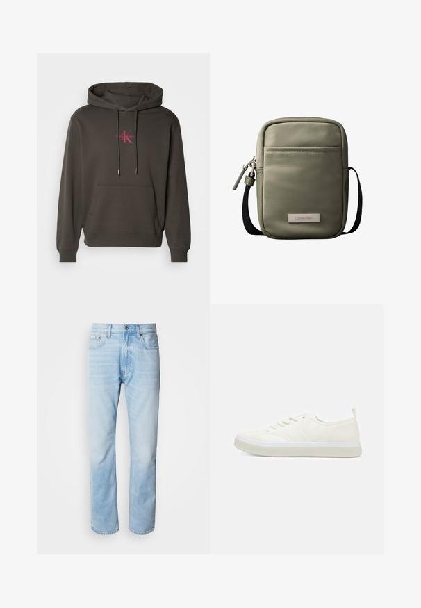 Donkergrijze hoodie met een voorzak, een trekkoordcapuchon en het Calvin Klein-logo in het roze op de borst. Zacht katoenen materiaal.; Lichtblauwe denim jeans met een rechte pijp, met vervaagde delen, vijf-pocket ontwerp en een klassieke knoopsluiting.; Calvin Klein TOP LACE UP UNIFIT - Sneakers laag - salt bay; Compact olijfgroene crossbodytas met voorvak, zwarte verstelbare band, ritssluiting en Calvin Klein logoplaatje.