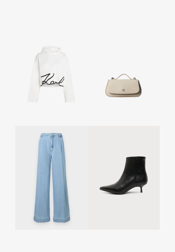Witte cropped hoodie van zacht materiaal met lange mouwen en een zwart scriptlogo aan de voorkant. Glad textuur met een ontspannen pasvorm.; Lichtblauwe denim wijde jeans met een hoge taille, plooien aan de voorkant en een ruwe zoom voor een casual uitstraling.; Zwart leren enkellaars met puntige neus en lage kittenhak op lichte achtergrond, zijaanzicht buitenkant.; Kleine beige leren handtas met bovenhandvat en zilveren CK-logo op de voorflap, getoond tegen een witte achtergrond.