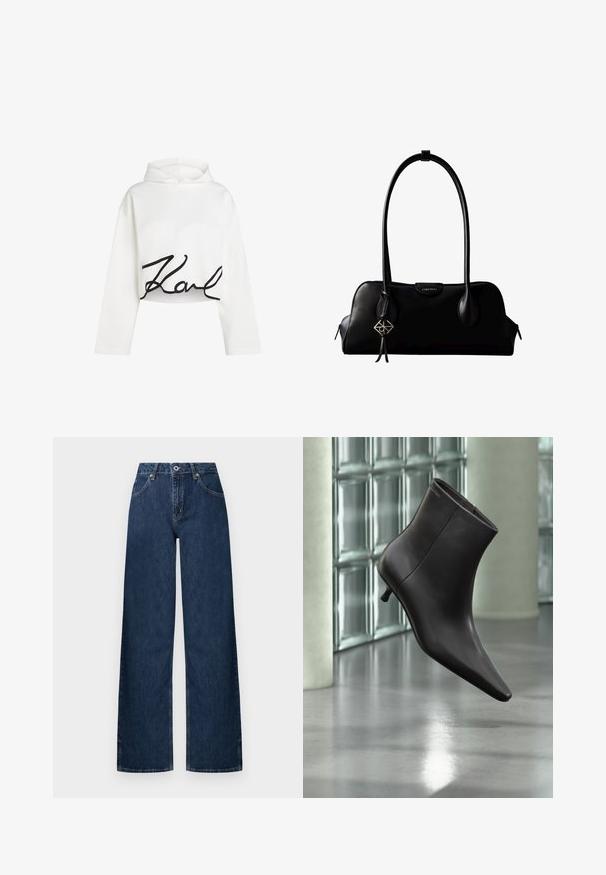 Hvid cropped hoodie i blødt stof med lange ærmer og et sort skriftlogo på forsiden. Glat tekstur med en afslappet pasform.; Bredbenede jeans lavet af mørkt denim. Har et klassisk design med fem lommer, knaplukning og diskret falmet effekt ved knæene.; Sort læderankelstøvle med spids tå og lille hæl vist mod en væg af glasblokke og poleret gulv baggrund.; Sort lædertaske fra Calvin Klein med lange håndtag, en forside-logo-tag og en sølv geometrisk vedhæng, der hænger fra det ene håndtag.
