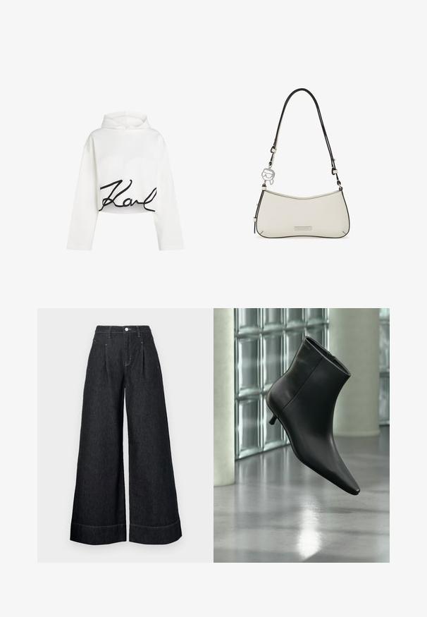 Witte cropped hoodie van zacht materiaal met lange mouwen en een zwart scriptlogo aan de voorkant. Glad textuur met een ontspannen pasvorm.; Zwarte denim broek met rechte pijpen en hoge taille, met voorplooien, een knoopsluiting en contrasterende stiksels aan de zoom.; Zwarte leren enkellaars met spits toelopende neus en lage kittenhak, schuin weergegeven tegen een gepolijste vloer en een glazen blokken muur als achtergrond.; Witte leren schoudertas met zwarte biezen, verstelbare riem, zilveren Karl Lagerfeld-logo plaatje en silhouetbedeltje aan de riem bevestigd.
