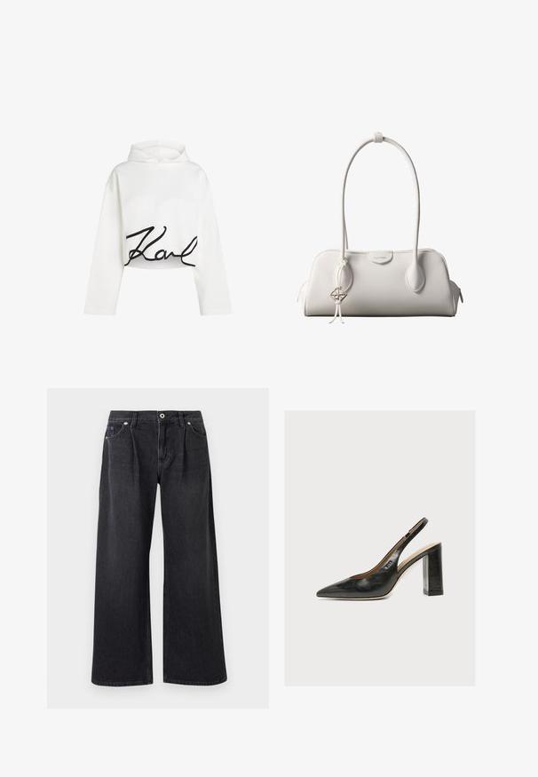 Hvid cropped hoodie i blødt stof med lange ærmer og et sort skriftlogo på forsiden. Glat tekstur med en afslappet pasform.; Bredde ben sorte jeans lavet af denim, med knaplukning foran, to frontlommer og en ren finish uden pynt.; Sort læder kvindesko med slingback, spids tå og tyk blokhøj hæl på hvid baggrund.; Hvid Calvin Klein skuldertaske med lange håndtag, rektangulær form, lynlåslukning og dekorativt logohæng tæt på håndtaget.