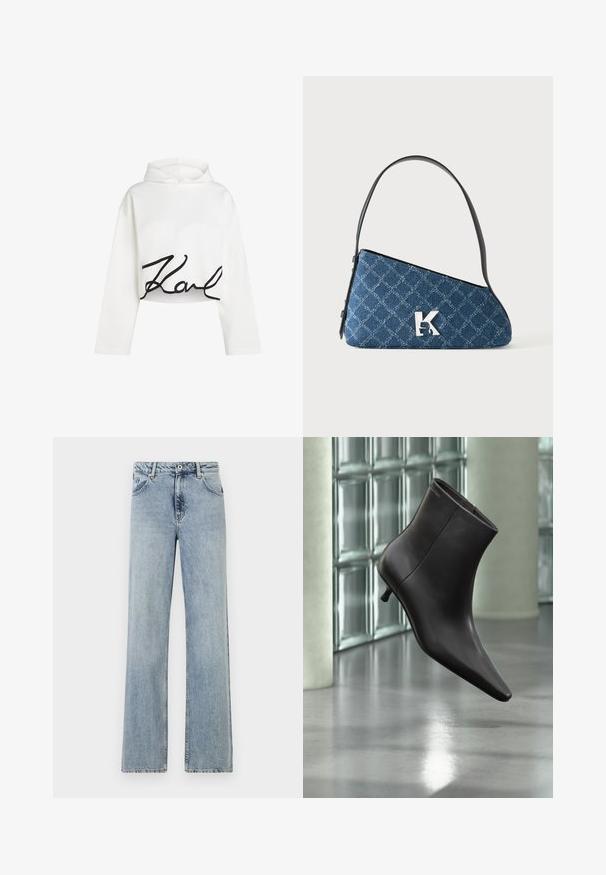 Hvid cropped hoodie i blødt stof med lange ærmer og et sort skriftlogo på forsiden. Glat tekstur med en afslappet pasform.; Lyseblå, brede jeans lavet af denim. Har knap- og lynlåslukning, frontlommer og subtilt slid. Rene sømme.; Sort læderankelstøvle med spids tå og lille hæl vist mod en væg af glasblokke og poleret gulv baggrund.; Blå quiltet denim skuldertaske med sort strop og sølv "K" logo foran, vist på en ensfarvet hvid baggrund.