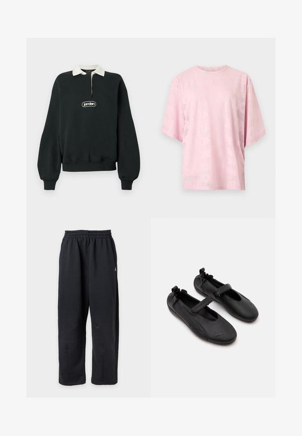 Sweat-shirt noir à manches longues, col blanc, fermeture éclair quart de devant, et un patch logo central. Tissu doux avec poignets et ourlet côtelés.; T-shirt rose clair à manches courtes et col rond avec un motif de texte embossé subtil sur l'ensemble du tissu et un petit logo en relief au centre de la poitrine.; Pantalon de survêtement noir à coupe ample avec taille élastique et petit logo blanc sur le côté droit.; Paire de chaussures en cuir noir style Mary Jane avec arrière élastiqué et bride velcro, avec un logo Puma discret sur chaque orteil.
