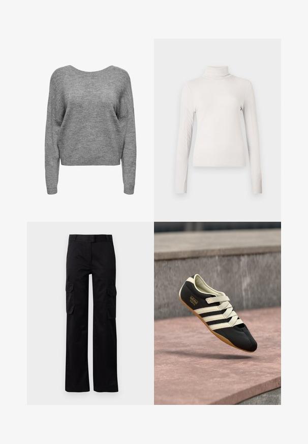 Blød grå strikket sweater med lange ærmer, rund halsudskæring og ribbede manchetter og kant, vist forfra på en hvid baggrund.; Cremefarvet ribbet langærmet turtleneck-top med en tætsiddende silhuet foran en ensfarvet hvid baggrund.; Sorte cargo bukser lavet af slidstærkt stof, med to sidelommer og et lige ben-design. Glat tekstur med en klassisk pasform.; Sort atletiksko med cremefarvede striber og snørebånd, med lav profil, glat tekstur og gummisål for godt greb. Mærkeetiket synlig.