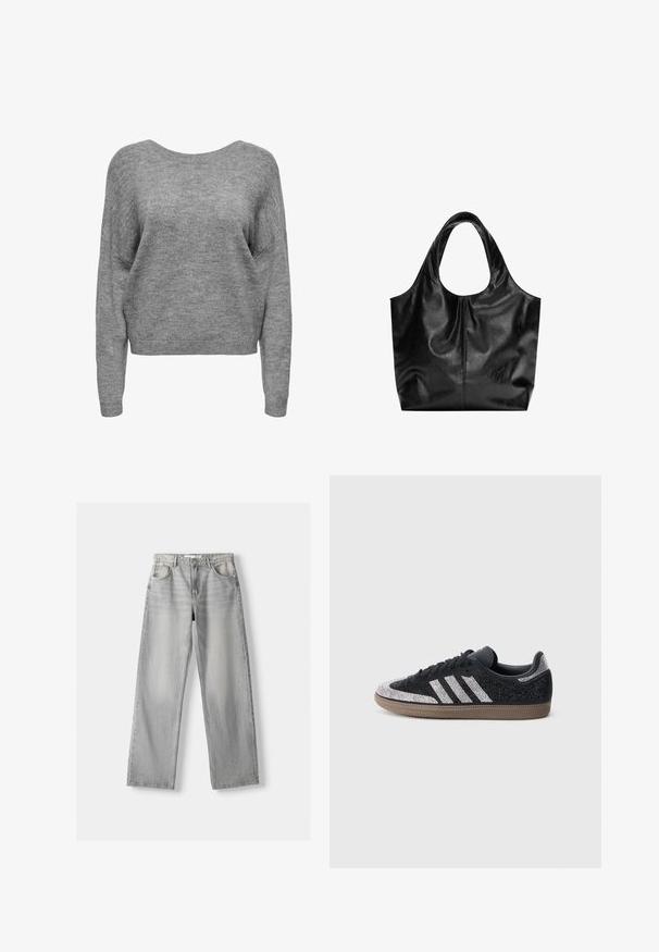 Blød grå strikket sweater med lange ærmer, rund halsudskæring og ribbede manchetter og kant, vist forfra på en hvid baggrund.; Lys grå denim jeans med lige pasform, der har to frontlommer, en knappelukning og diskrete slidser for tekstur.; Sort sneaker med glitrende sølvdetaljer og tre hvide striber. Har en lavt skåret model, tekstureret overdel og brun gummisål.; Sort læder tote taske med en glat overflade, en blød, afrundet top og brede håndtag. Har minimal syning og en afslappet silhuet.