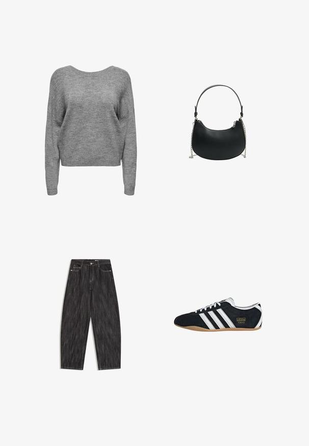 Blød grå strikket sweater med lange ærmer, rund halsudskæring og ribbede manchetter og kant, vist forfra på en hvid baggrund.; Sort denimjeans med vidde ben, fem-lomme design, synlige hvide syninger og knaplukning i taljen.; Sort ruskinds sneaker med hvide tre striber, guldlogo og en brun gummisål. Har et lavprofil snørebåndsdesign.; Sort læder håndtaske med en buet silhuet, en kort justerbar rem og en kædeaccent. Har en lynlåslukning og en glat overflade.