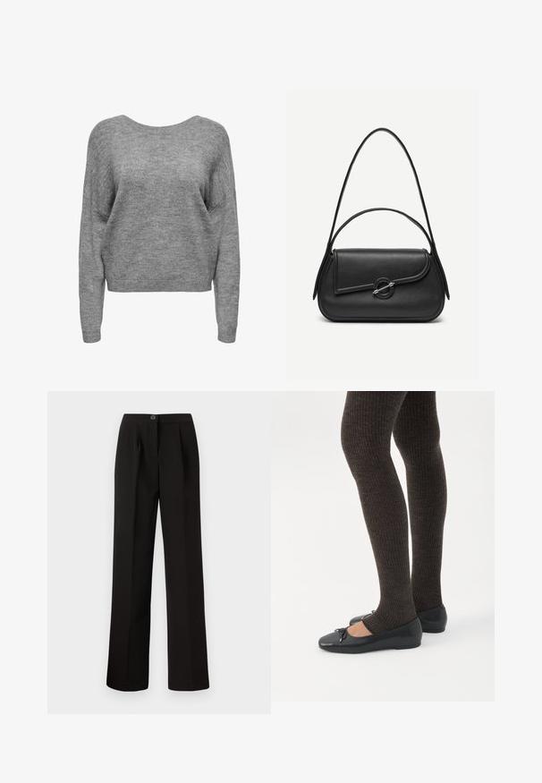 Blød grå strikket sweater med lange ærmer, rund halsudskæring og ribbede manchetter og kant, vist forfra på en hvid baggrund.; Sorte bukser med lige ben, der har frontfolder, knaplukning og et glat, struktureret stof.; Ben iført mørke ribbede leggings kombineret med sorte balletsko med små sløjfedetaljer på hvid baggrund.; Sort læderhåndtaske med afrundede kanter, asymmetrisk klap, metalcirkulært spænde samt både korte og lange skulderstropper.