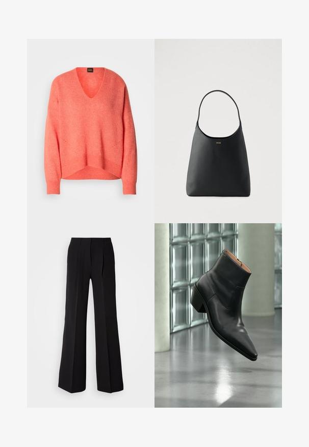 Korallefarbener V-Ausschnitt-Pullover aus weichem Material; mit überschnittenen Schultern, gerippten Bündchen und dezenten Details entlang dem Saum.; Schwarze Hose aus glattem Stoff, mit hohem Bund, weitem Schnitt und zwei vorderen Falten für zusätzlichen Designakzent.; Schwarzer Leder-Stiefelette mit spitzer Schuhspitze und Blockabsatz, der über einem reflektierenden grauen Boden nahe einer Glassteinwand schwebt.; Schwarze Lederhandtasche mit einem einzelnen, geschwungenen Griff, glatter Textur und einem dezenten Logo vorne. Minimalistisches Design und ein geräumiges Inneres.