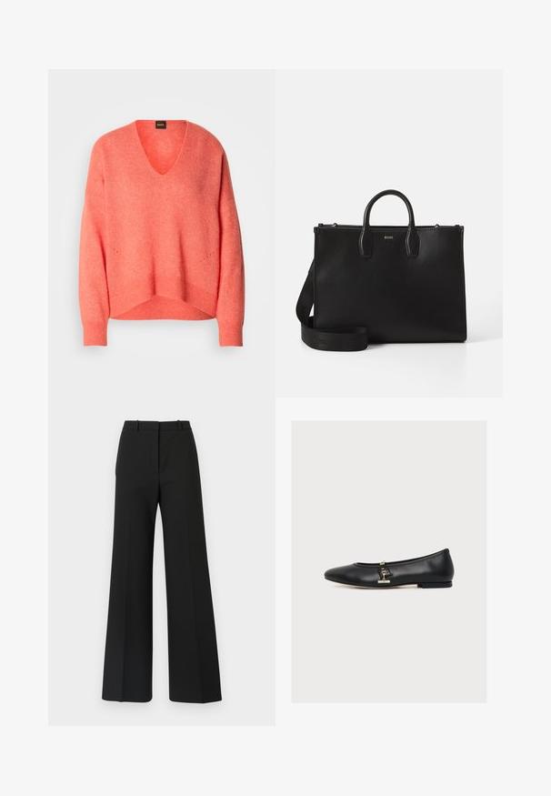 Pull coral en V fabriqué dans un matériau doux ; présente des épaules tombantes, des poignets côtelés, et des détails subtils le long de l'ourlet.; Pantalons black à jambes larges avec un design sur mesure, présentant une texture lisse et de subtils plis à l'avant. Pas de garnitures ou de motifs visibles.; Ballerine plate en cuir noir avec un petit détail de boucle dorée sur le côté, talon bas et bout arrondi, présentée de profil sur fond blanc.; Sac à main en cuir noir avec deux anses supérieures et une bandoulière amovible. Présente une texture lisse et un design minimaliste avec un logo subtil.