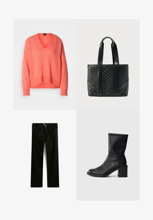 Korallefarbener V-Ausschnitt-Pullover aus weichem Material; mit überschnittenen Schultern, gerippten Bündchen und dezenten Details entlang dem Saum.; Schwarze Straight-Leg-Jeans mit fünf Taschen, Knopf- und Reißverschluss sowie kleinem Markenlogo auf der Münztasche.; Schwarze Leder-Ankle Boots mit runder Zehenform, glatter Oberfläche und dicker Absatz, ausgestattet mit einem eng anliegenden Schaft und subtilen Nähten.; Schwarze gesteppte Tragetasche mit Chevron-Muster, flachen Griffen und geprägt seitlichem Branding. Hergestellt aus glattem Leder.