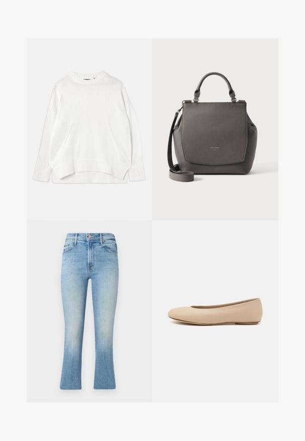 Hvid strikket sweater med rund hals, lange ærmer og sidespalter. Har et diskret præget logo på forsiden og rib-strikkede mansjetter.; Lyseblå jeans med høj talje, flared ben-design og subtil falmning. Har klassiske lommer og metalknaplukning.; Beige læder balletflade med afrundet tå, minimal sømdetaljering, lav hæl og subtilt logo på bagsiden. Glat, mat tekstur.; Grå læderhåndtaske med topgreb og aftagelig skulderrem, med frontklap og diskret mærketekst på en ensfarvet baggrund.