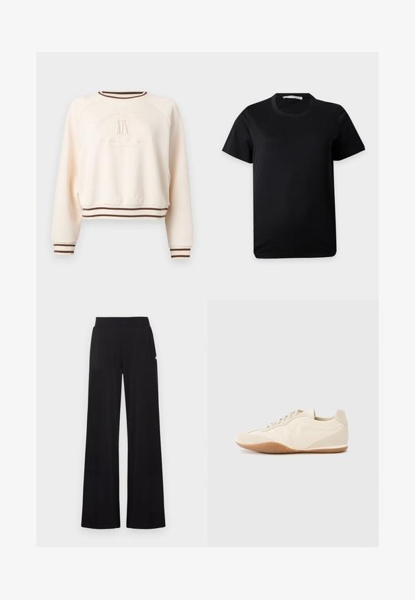 Sweat-shirt crème à manches longues avec poignets et ourlet rayés marron, embossé du logo "Giorgio Sports Club" et "A|X" sur le devant.; T-shirt noir uni à manches courtes et col rond, posé à plat sur un fond blanc avec une étiquette de marque visible à l'intérieur du col.; Pantalon noir à jambes larges avec une taille ajustée, réalisé dans un tissu lisse. Comprend des poches latérales discrètes et des accents matériels minimalistes.; Baskets beige clair avec une tige en cuir texturé, des panneaux latéraux texturés et une semelle en caoutchouc. Dotées d'un design fin et épuré ainsi que de lacets plats.