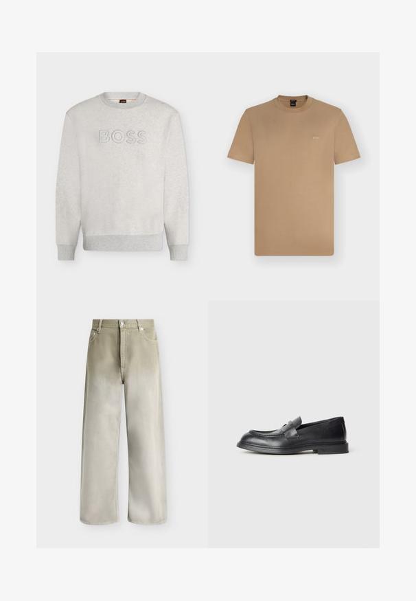 Sweat-shirt gris clair à col rond avec poignets et ourlet côtelés, comportant un texte "BOSS" embossé sur la poitrine.; T-shirt marron clair à manches courtes et col rond avec petit logo blanc "BOSS" sur la poitrine gauche, présenté sur un fond uni clair.; Jean beige et gris clair à jambes larges, avec poches avant, passants de ceinture et fermeture par bouton.; Mocassins en cuir noir avec une finition texturée, dotés d'une bride décorative à l'avant et d'un bout arrondi. Semelle en caoutchouc pour plus de durabilité.
