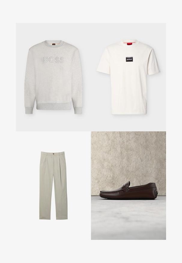 Sweat-shirt gris clair à col rond avec poignets et ourlet côtelés, comportant un texte "BOSS" embossé sur la poitrine.; T-shirt blanc à manches courtes avec col rond, doté d'un petit patch rectangulaire noir et du texte blanc "HUGO" sur la poitrine.; Pantalon beige clair sur mesure avec plis à l'avant, poches latérales, passants de ceinture et fermeture par bouton sur fond blanc.; Mocassins en cuir marron avec une finition lisse, des coutures de style mocassin, un bout rehaussé et une semelle en caoutchouc basse et flexible.