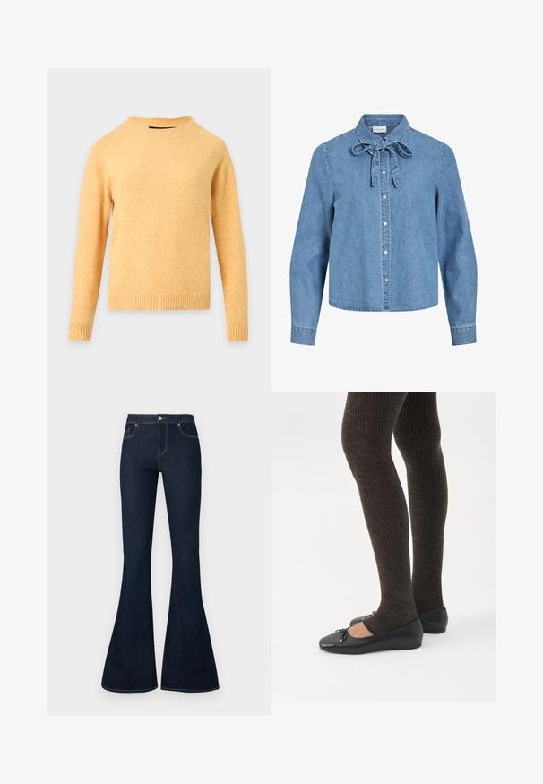 Langærmet gul strikket sweater med ribstrikket rund halsudskæring, manchetter og kant på en lysegrå baggrund.; Lyseblå denimskjorte med lange ærmer, sølvfarvede trykknapper foran og en bundet sløjfe ved kraven.; Mørkeblå højtaljede denimjeans med flagrende ben, frontknap og lynlås samt fem-lomme design.; Ben iført mørke ribbede leggings kombineret med sorte balletsko med små sløjfedetaljer på hvid baggrund.