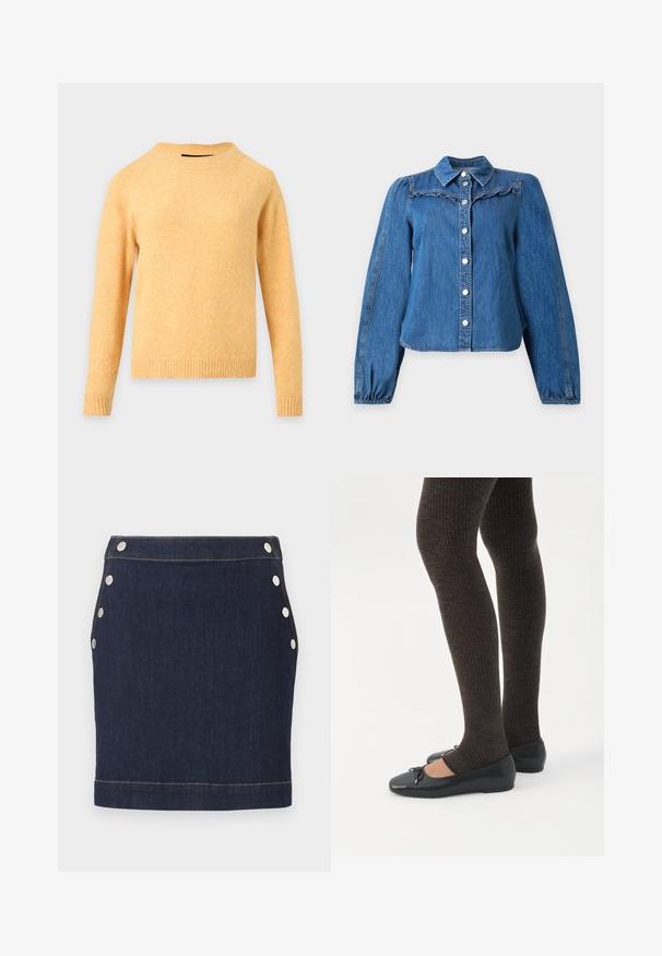 Pull tricoté jaune à manches longues avec col rond, poignets et ourlet côtelés sur fond gris clair.; Blouse en denim bleu à manches longues bouffantes, boutons argentés sur le devant, petit col et détail volanté sur la poitrine.; Mini-jupe en denim bleu foncé avec six boutons-pression argentés, trois de chaque côté, et une couture visible marron clair à la taille et à l'ourlet.; Jambes portant des leggings côtelés foncés associés à des ballerines noires avec de petits détails en nœud sur fond blanc.