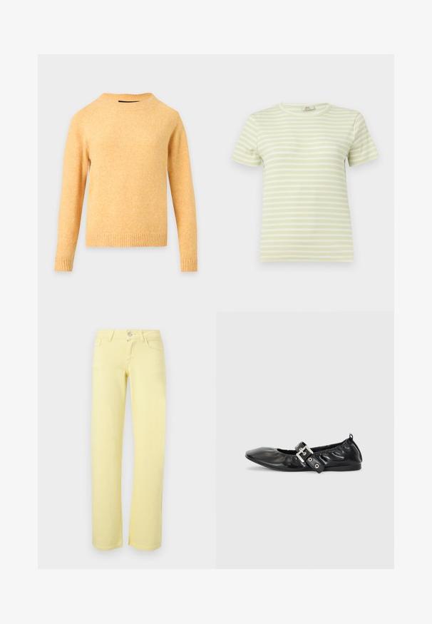 Pull tricoté jaune à manches longues avec col rond, poignets et ourlet côtelés sur fond gris clair.; T-shirt côtelé à manches courtes à rayures horizontales vert clair et blanc avec un col rond sur un fond uni.; Pantalon jaune à jambes droites avec bouton devant, fermeture éclair et design à cinq poches sur fond uni.; Chaussure plate en cuir noir avec un nez pointu, des détails froncés autour de l'ouverture et un accent en boucle argentée sur la bride ajustable.
