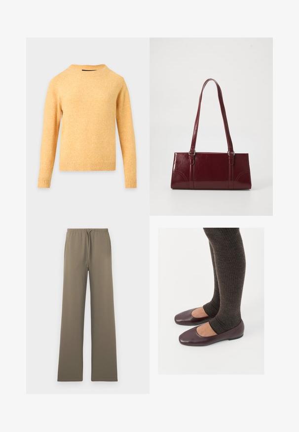 Langærmet gul strikket sweater med ribstrikket rund halsudskæring, manchetter og kant på en lysegrå baggrund.; Oliven grønne, brede bukser lavet af blødt stof, med en elastisk talje med snøre og uden synlige lommer.; Burgunderrøde patenterede læder flade sko med firkantet tådesign, parret med mørkebrune ribbede strømpers der når til midten af læggen.; Bordeaux håndtaske lavet af glansfuldt materiale, rektangulær form, med to skulderremme og subtile buede detaljer på forsiden.