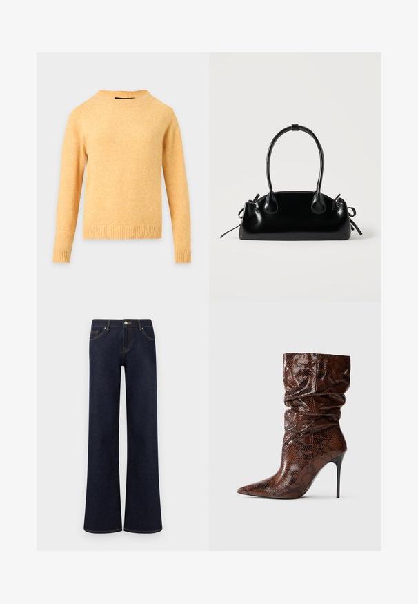 Pull tricoté jaune à manches longues avec col rond, poignets et ourlet côtelés sur fond gris clair.; Jean en denim bleu foncé à jambes larges avec poches avant, fermeture par bouton et fermeture éclair, et coutures contrastantes visibles.; Bottines en cuir fléchies avec un motif serpent marron, à bout pointu et talon aiguille noir haut et fin, sur fond blanc.; Petit sac à main noir brillant avec deux longues anses et des détails à cordon sur les côtés sur un fond clair uni.