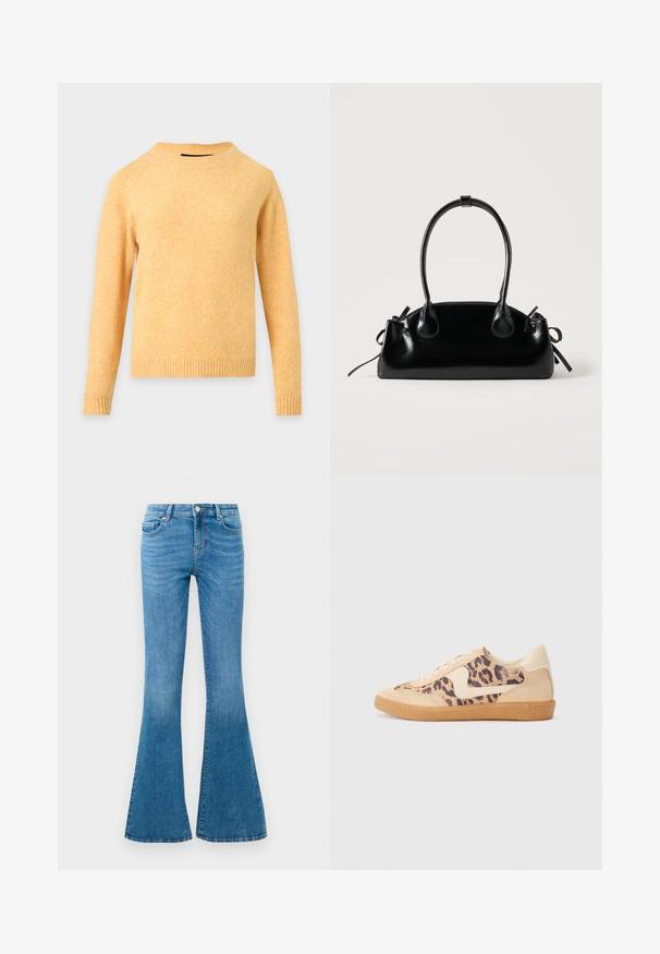 Pull tricoté jaune à manches longues avec col rond, poignets et ourlet côtelés sur fond gris clair.; Jean flare en denim bleu avec une taille mi-haute, comportant cinq poches, un bouton standard et un léger délavage pour la texture.; Baskets en imprimé léopard avec tige en suède beige, semelle en caoutchouc tan et accents blancs. Bout rond et design à lacets avec une finition texturée.; Petit sac à main noir brillant avec deux longues anses et des détails à cordon sur les côtés sur un fond clair uni.