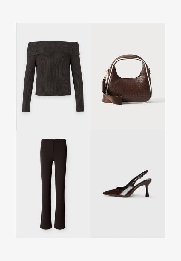 Pull en rib en gris foncé à épaules dénudées avec des manches longues, doté d'un décolleté large et d'un motif de tissu texturé.; Pantalon noir slim avec légère évasure, fermeture éclair à l'avant et passants pour ceinture, présenté à plat sur un fond blanc.; Talons slingback en cuir verni brun avec un bout pointu, un talon fin, et une sangle réglable avec une petite boucle.; Sac à main en cuir tressé marron avec passepoil blanc, fermeture éclair dorée et bandoulière amovible en tissu marron.